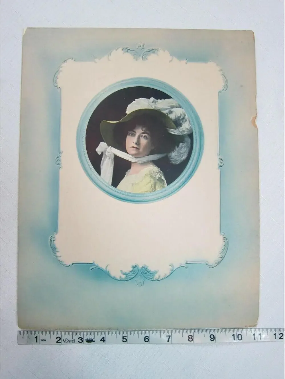 Antique Art Print Woman Yellow Dress White Feather Hat Circa 1900 Fashion